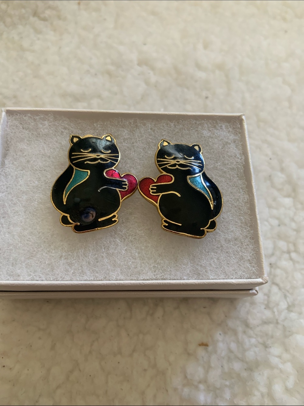 Avon Black Cat Clip On Earrings with Red Heart and Teal Accent